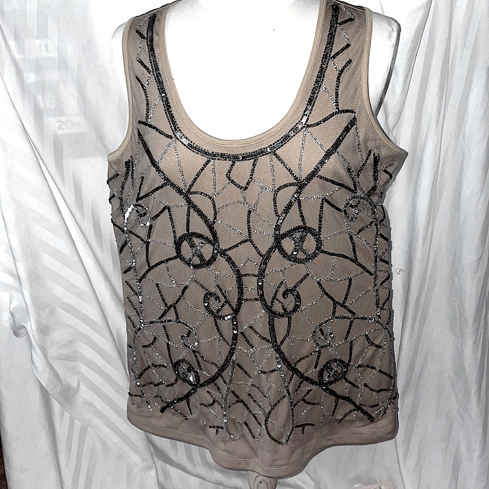 Boston Proper Tan and Black Embellished Tank Top